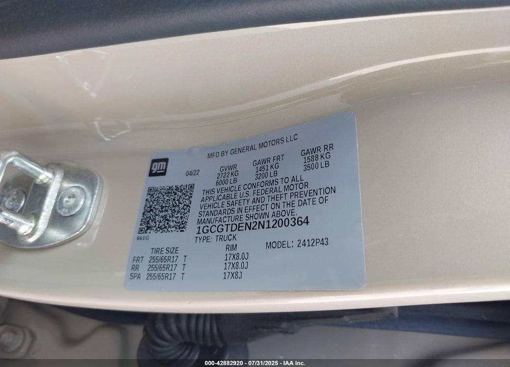2022 CHEVROLET COLORADO VIN: 1GCGTDEN2N1200364