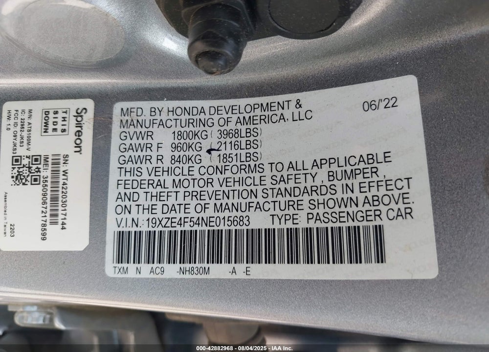 2022 HONDA INSIGHT VIN: 19XZE4F54NE015683