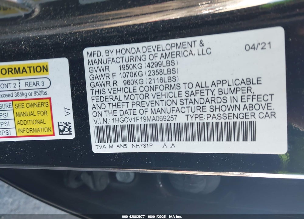 2021 HONDA ACCORD VIN: 1HGCV1F19MA069257