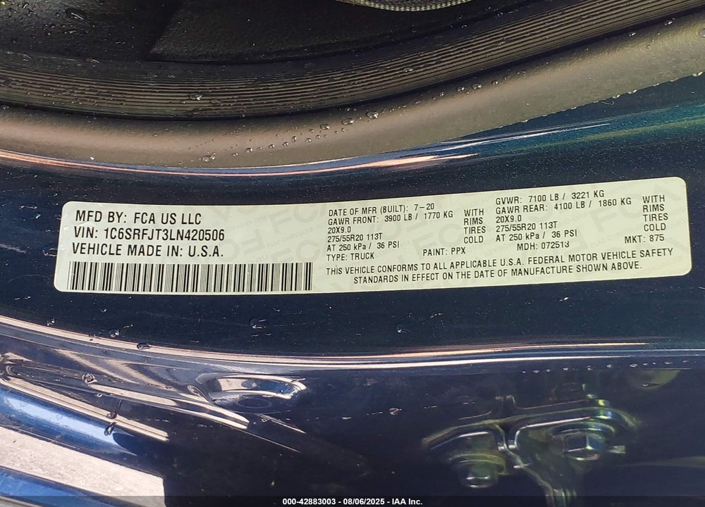2020 RAM 1500 VIN: 1C6SRFJT3LN420506