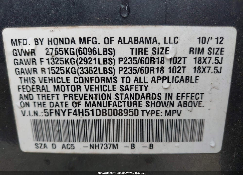 2013 HONDA PILOT EX-L VIN: 5FNYF4H51DB008950