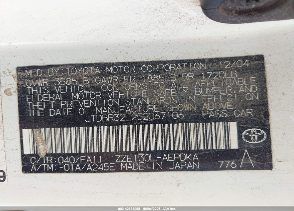 2005 TOYOTA COROLLA CE VIN: JTDBR32E252067106