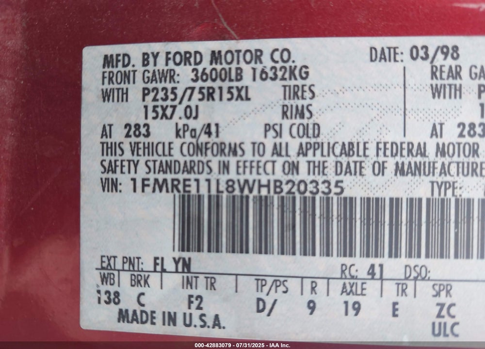 1998 FORD CLUB WAGON XL/XLT VIN: 1FMRE11L8WHB20335