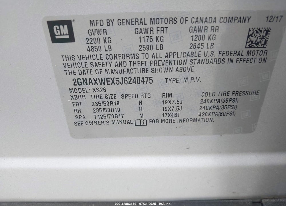 2018 CHEVROLET EQUINOX PREMIER VIN: 2GNAXWEX5J6240475