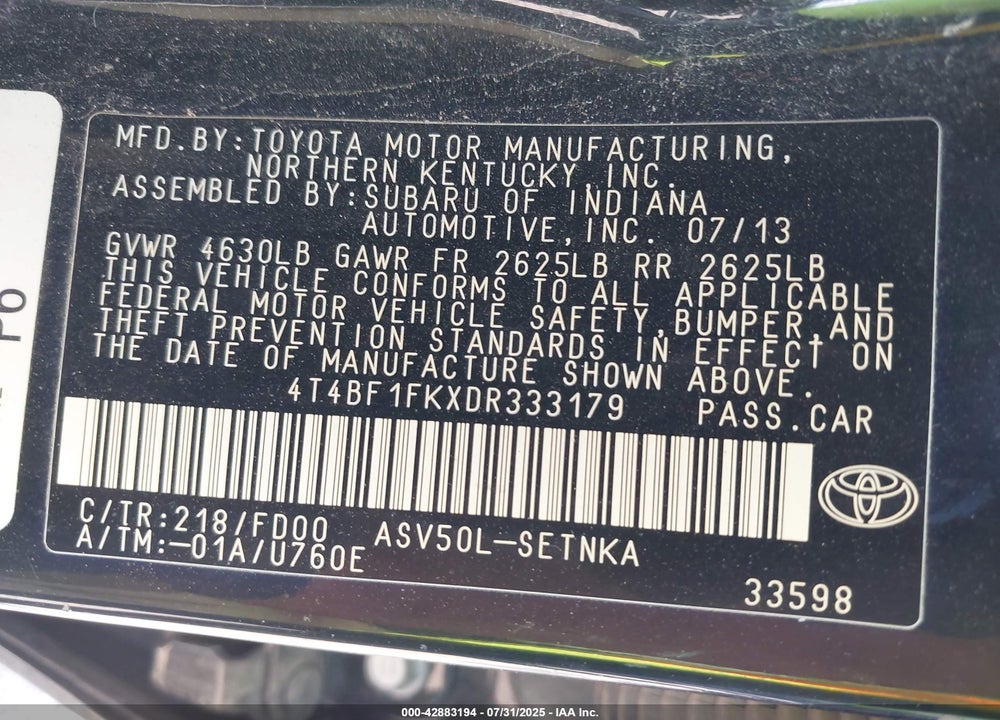 2013 TOYOTA CAMRY VIN: 4T4BF1FKXDR333179