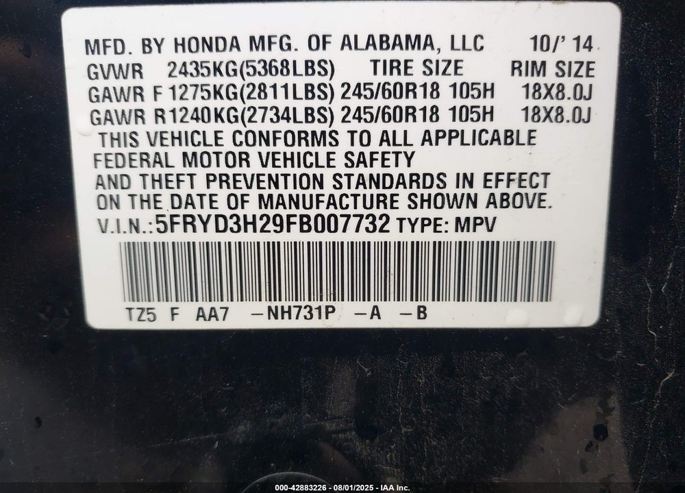 2015 ACURA MDX VIN: 5FRYD3H29FB007732
