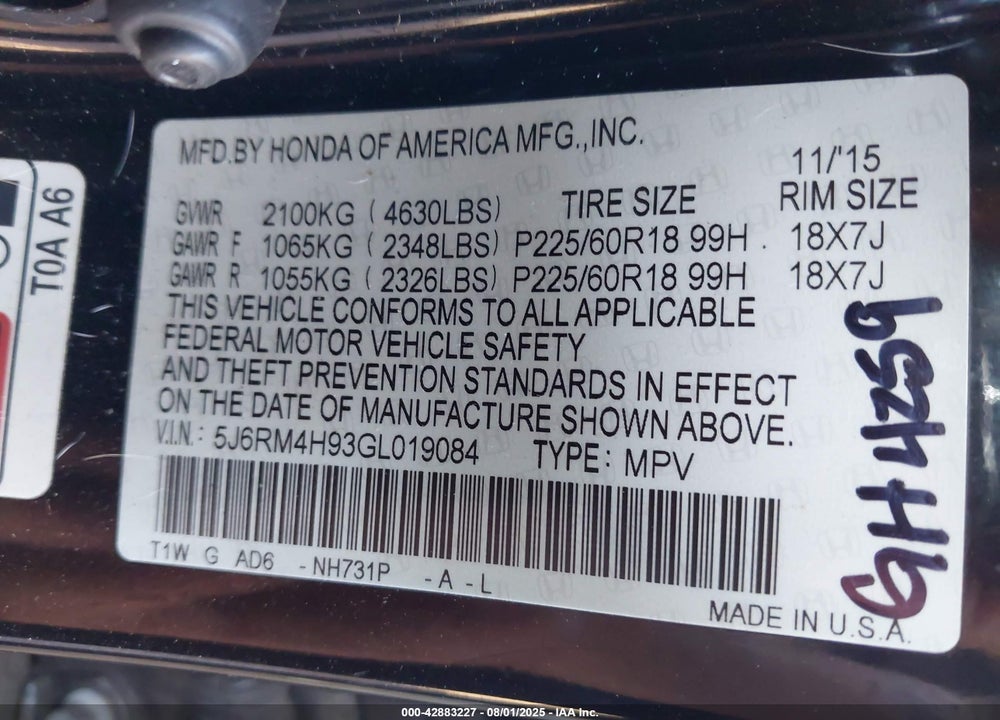 2016 HONDA CR-V VIN: 5J6RM4H93GL019084