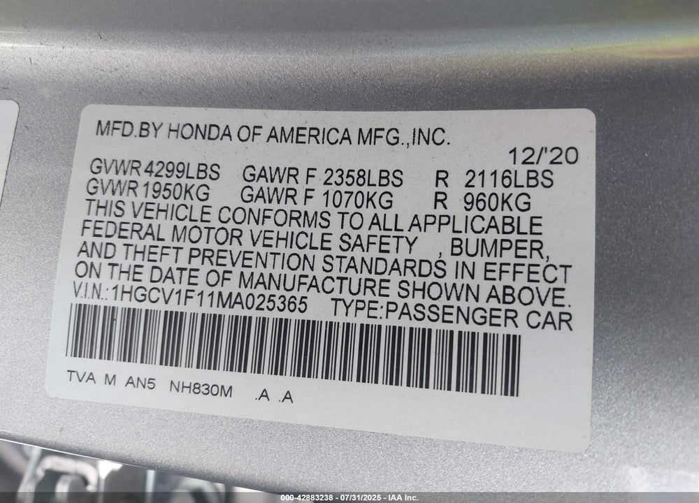 2021 HONDA ACCORD LX VIN: 1HGCV1F11MA025365