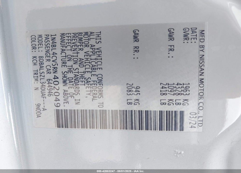2024 NISSAN ALTIMA VIN: 1N4BL4CV5RN402049