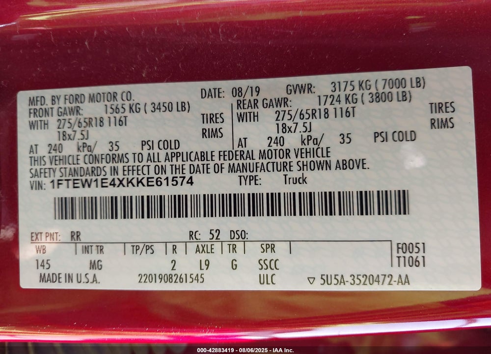 2019 FORD F-150 VIN: 1FTEW1E4XKKE61574