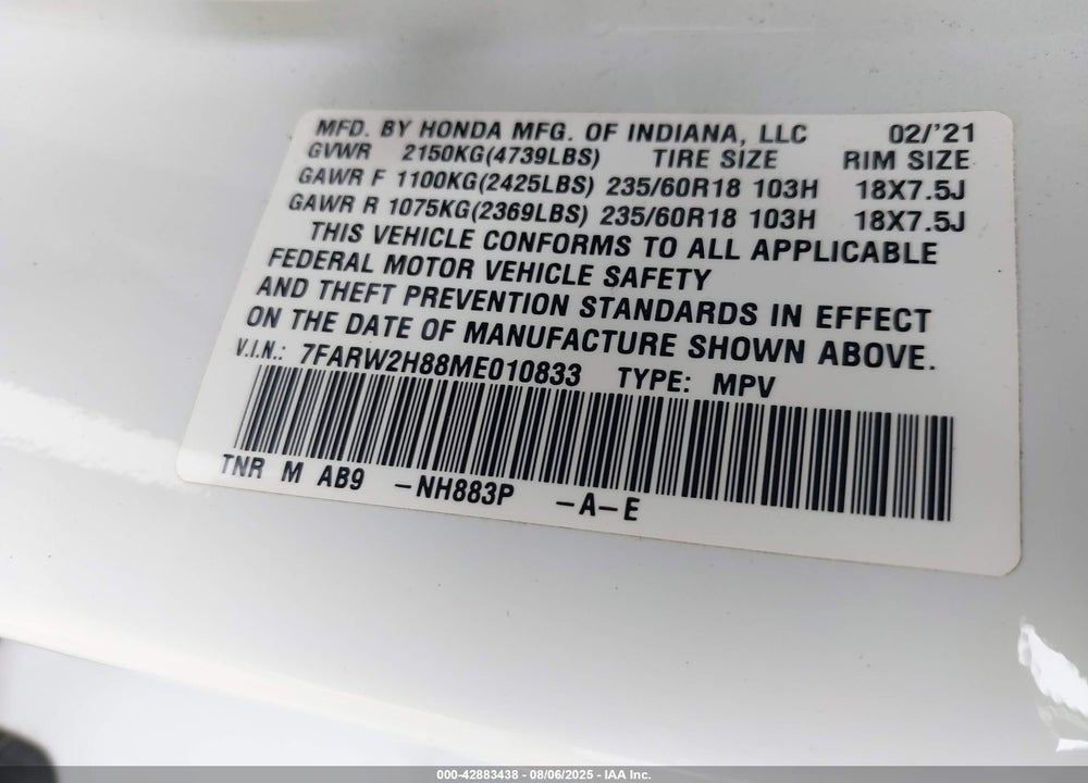 2021 HONDA CR-V AWD EX-L VIN: 7FARW2H88ME010833