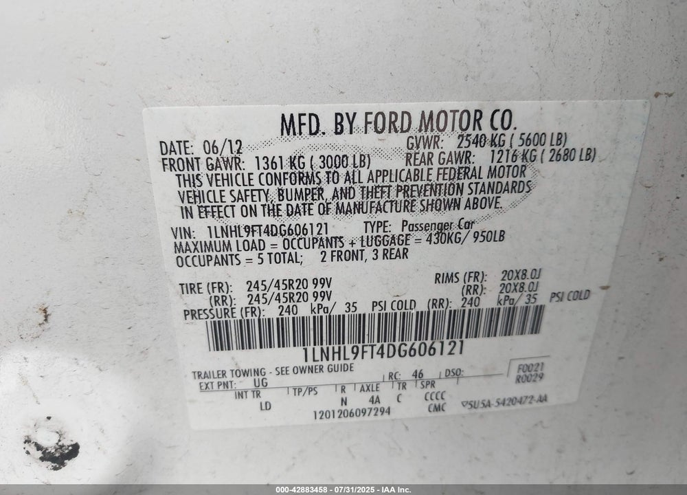 2013 LINCOLN MKS VIN: 1LNHL9FT4DG606121