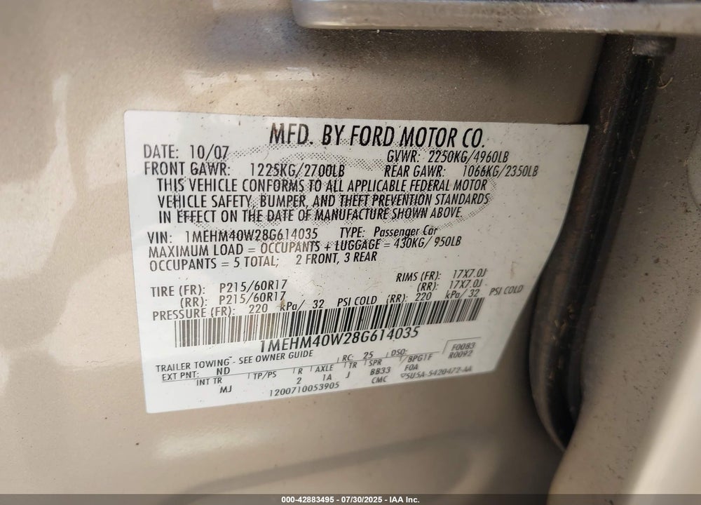 2008 MERCURY SABLE VIN: 1MEHM40W28G614035