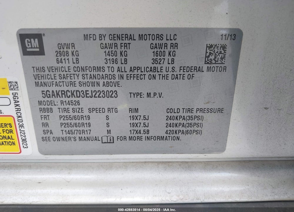 2014 BUICK ENCLAVE VIN: 5GAKRCKD3EJ223023