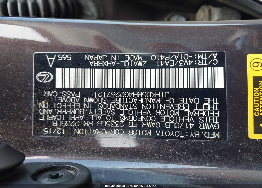 2016 LEXUS CT 200H VIN: JTHKD5BH4G2267121