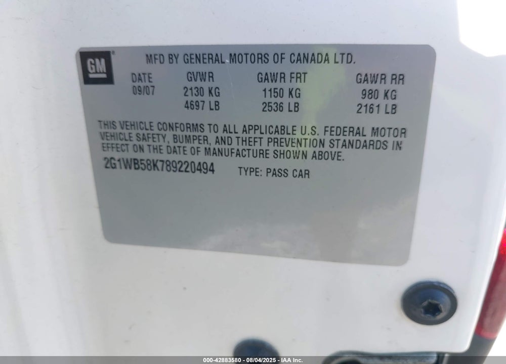 2008 CHEVROLET IMPALA LS VIN: 2G1WB58K789220494