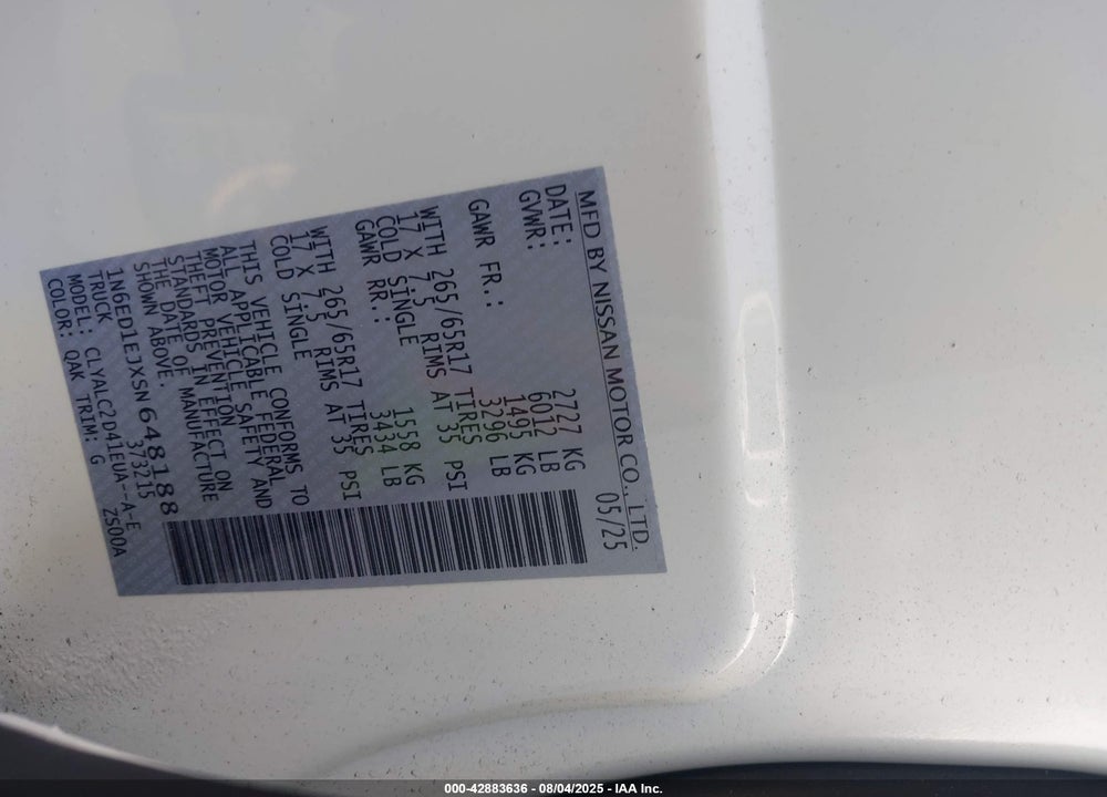 2025 NISSAN FRONTIER SV 4X2 VIN: 1N6ED1EJXSN648188