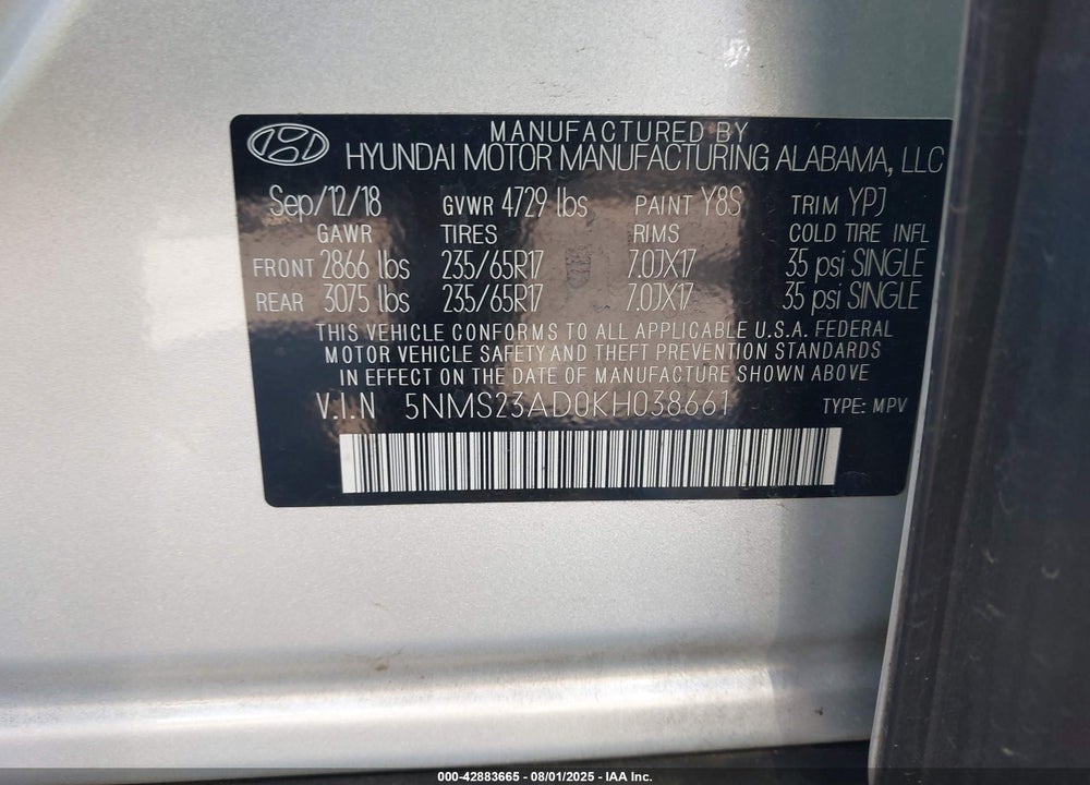 2019 HYUNDAI SANTA FE SE VIN: 5NMS23AD0KH038661