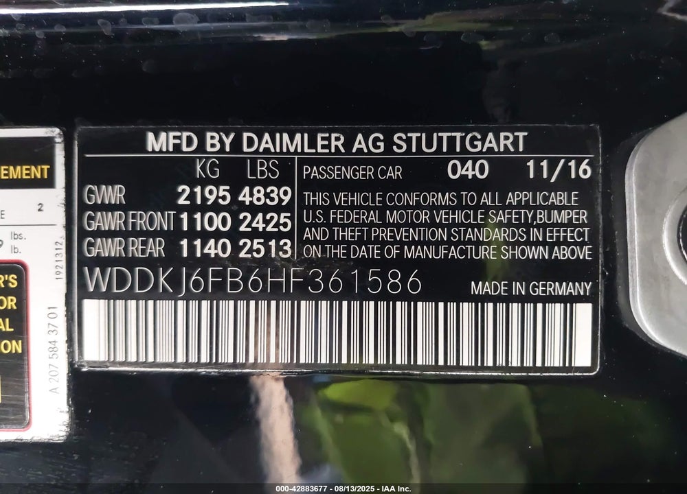 2017 MERCEDES-BENZ E-CLASS VIN: WDDKJ6FB6HF361586