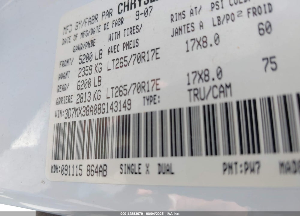 2008 DODGE RAM 3500 SLT VIN: 3D7MX38A08G143149
