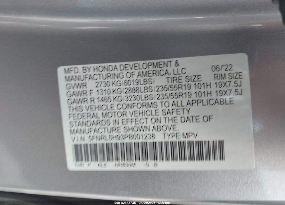 2023 HONDA ODYSSEY ELITE VIN: 5FNRL6H93PB001238