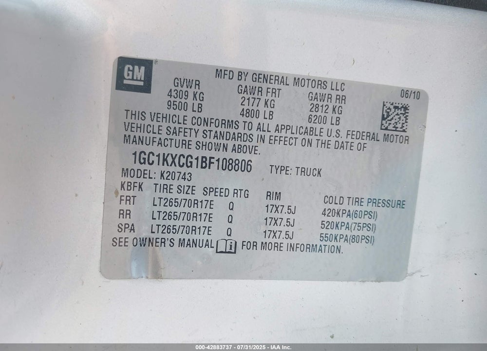 2011 CHEVROLET SILVERADO 2500HD LT VIN: 1GC1KXCG1BF108806