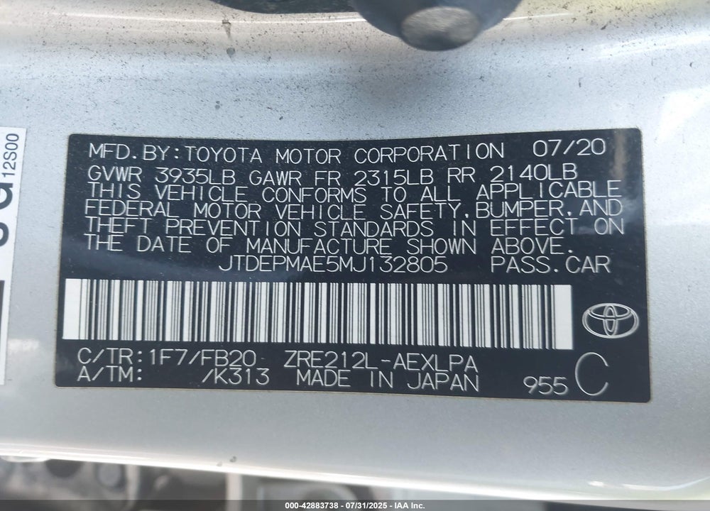 2021 TOYOTA COROLLA LE VIN: JTDEPMAE5MJ132805