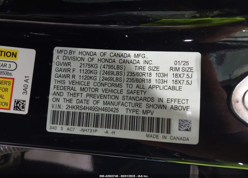 2025 HONDA CR-V VIN: 2HKRS4H49SH460425