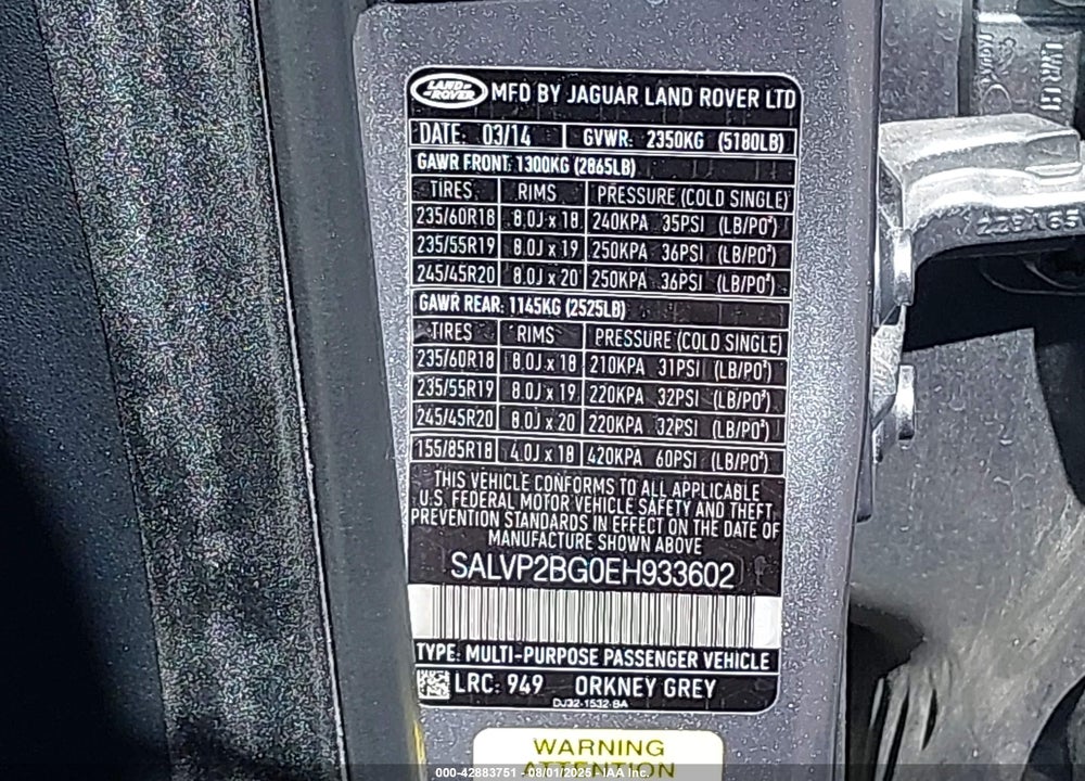 2014 LAND ROVER RANGE ROVER EVOQUE VIN: SALVP2BG0EH933602