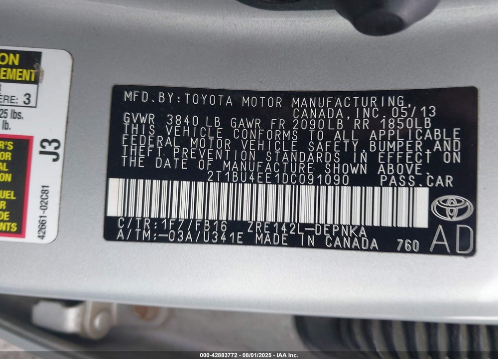 2013 TOYOTA COROLLA VIN: 2T1BU4EE1DC091090
