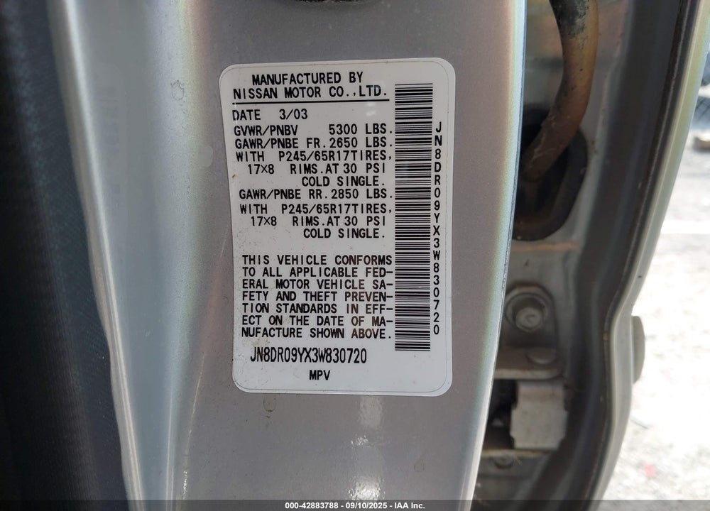 2003 NISSAN PATHFINDER LE VIN: JN8DR09YX3W830720