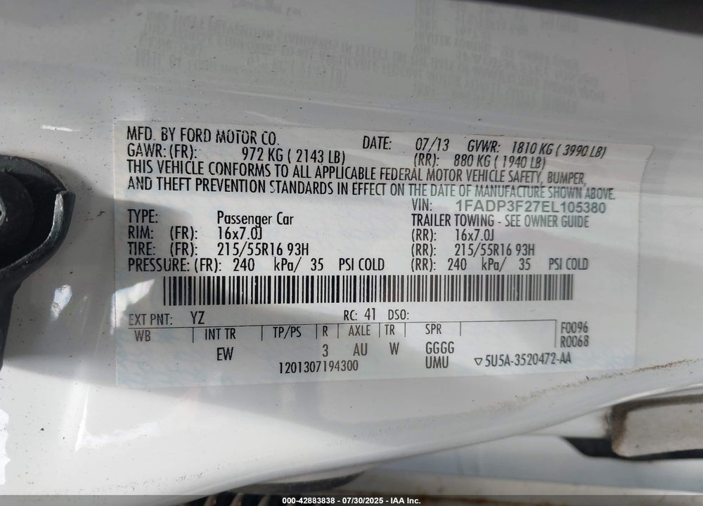 2014 FORD FOCUS VIN: 1FADP3F27EL105380