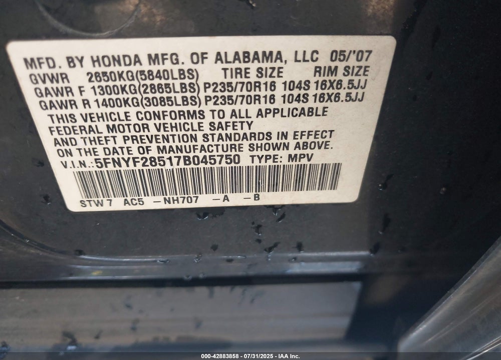2007 HONDA PILOT EX-L VIN: 5FNYF28517B045750