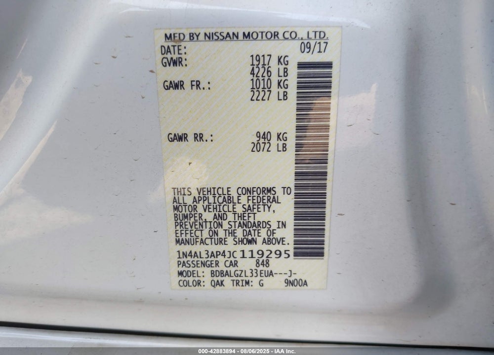 2018 NISSAN ALTIMA VIN: 1N4AL3AP4JC119295