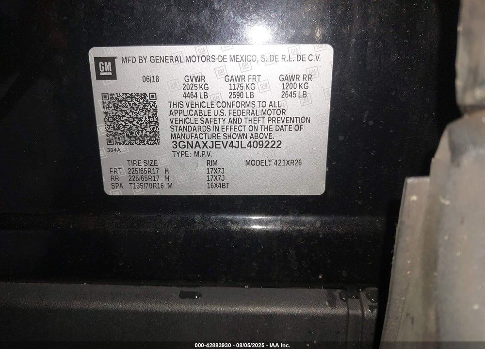 2018 CHEVROLET EQUINOX VIN: 3GNAXJEV4JL409222