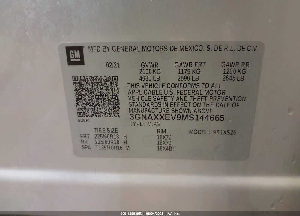 2021 CHEVROLET EQUINOX VIN: 3GNAXXEV9MS144665