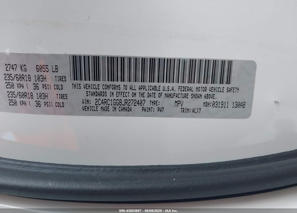 2018 CHRYSLER PACIFICA LIMITED VIN: 2C4RC1GG8JR272407