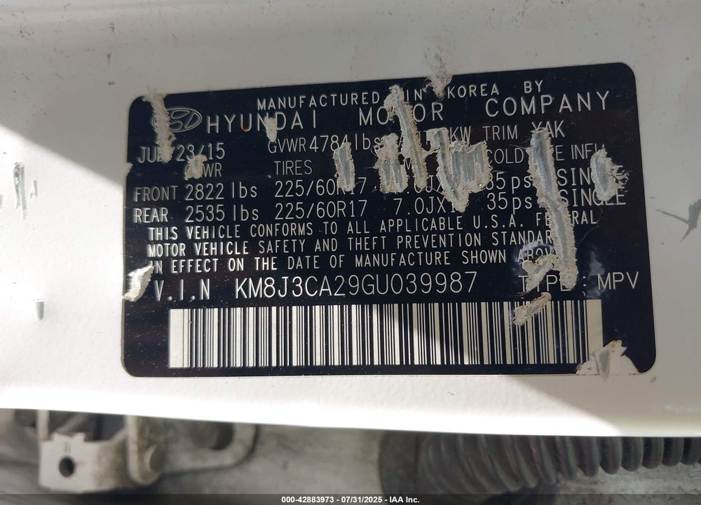 2016 HYUNDAI TUCSON VIN: KM8J3CA29GU039987