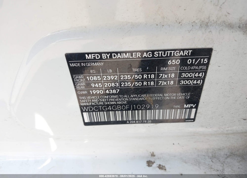 2015 MERCEDES-BENZ GLA-CLASS VIN: WDCTG4GB0FJ102919