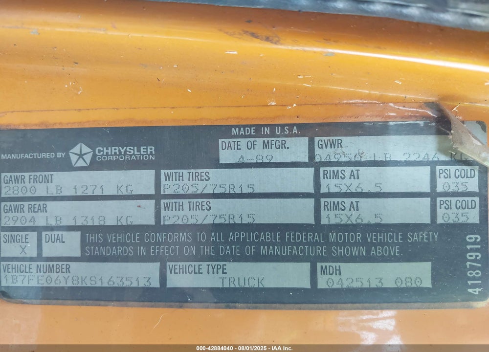 1989 DODGE D-SERIES D100 VIN: 1B7FE06Y8KS163513