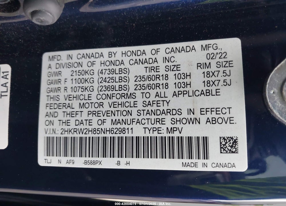 2022 HONDA CR-V AWD EX-L VIN: 2HKRW2H85NH629811