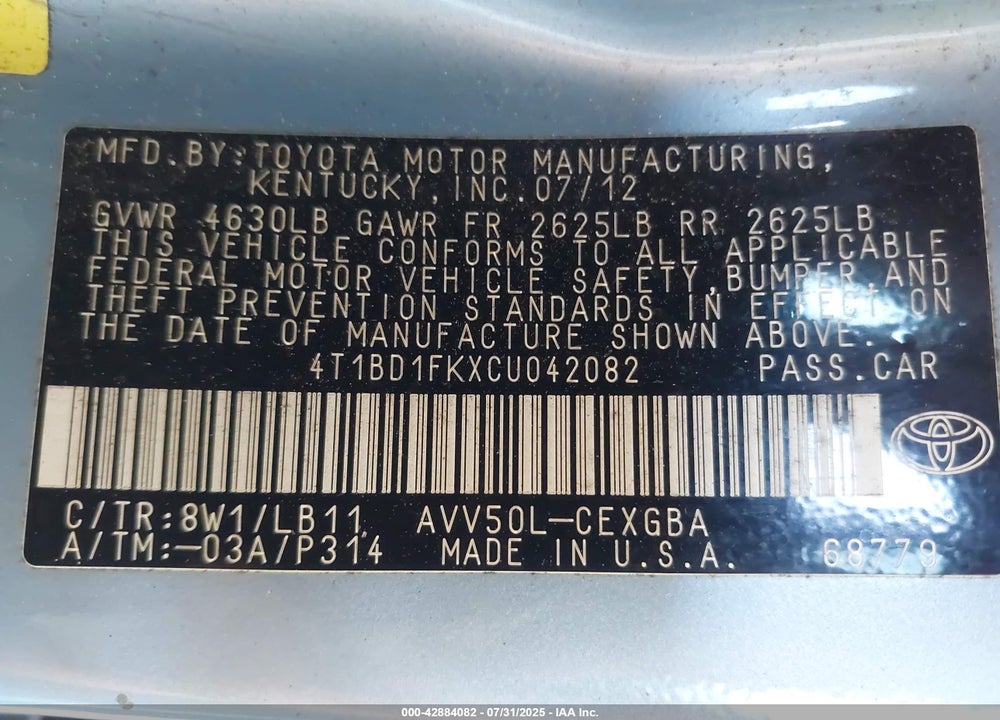 2012 TOYOTA CAMRY HYBRID VIN: 4T1BD1FKXCU042082