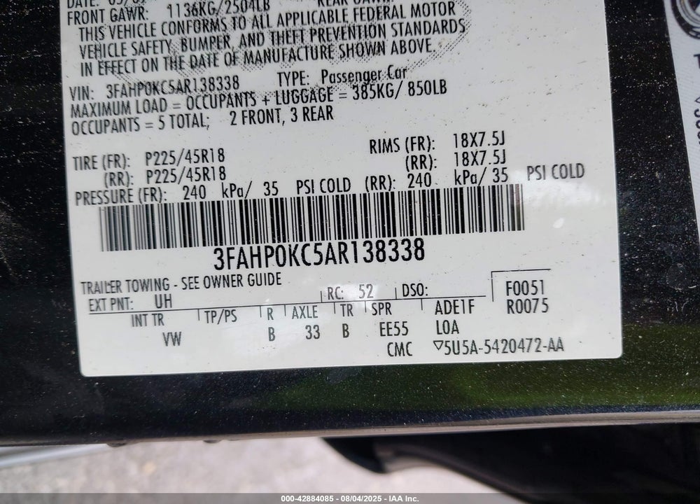 2010 FORD FUSION SPORT VIN: 3FAHP0KC5AR138338
