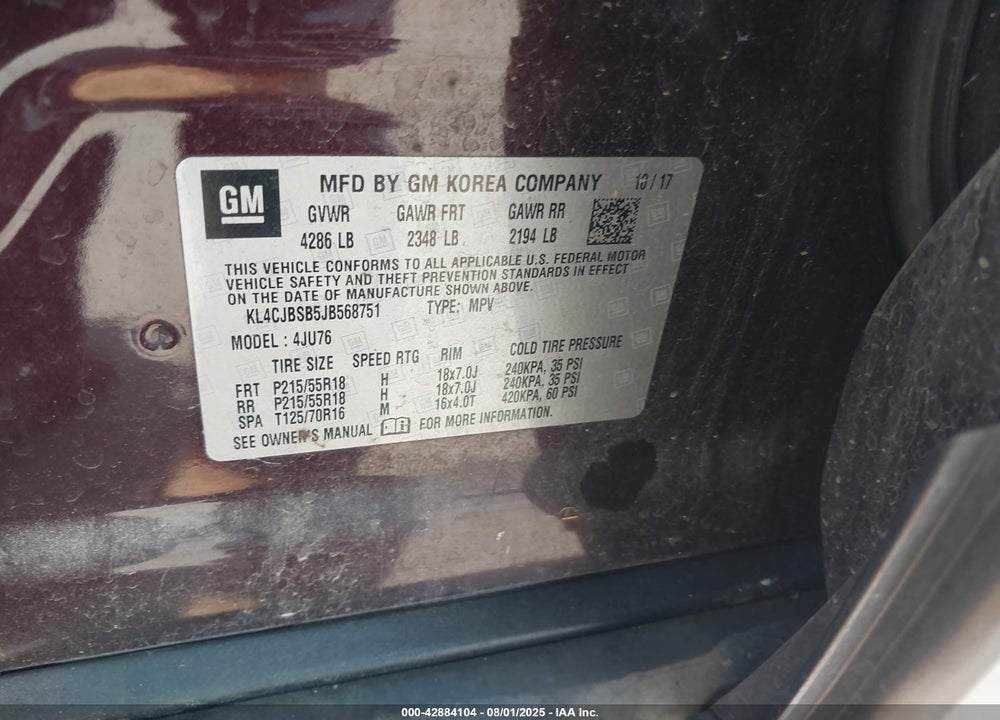 2018 BUICK ENCORE VIN: KL4CJBSB5JB568751