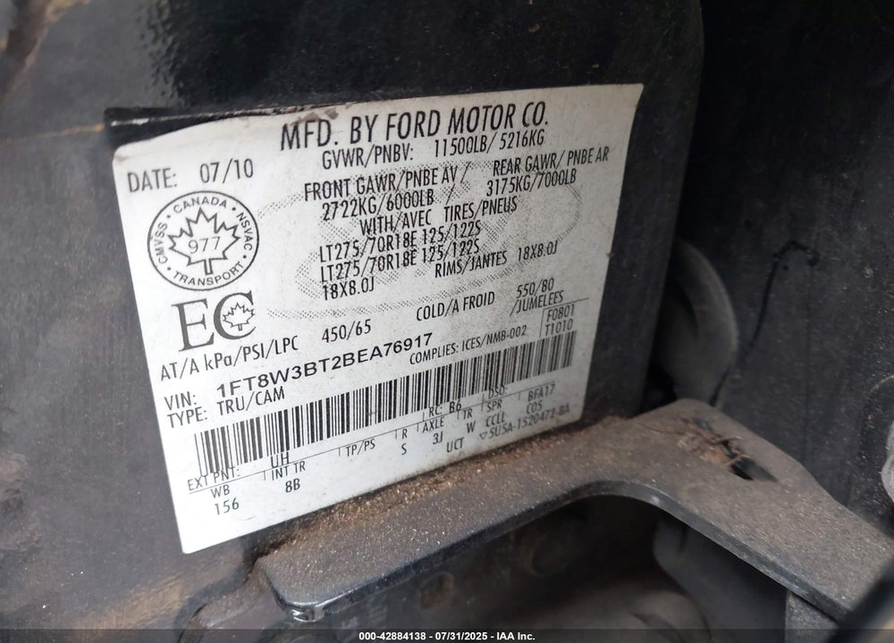 2011 FORD F-350 LARIAT VIN: 1FT8W3BT2BEA76917