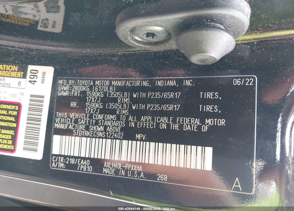 2022 TOYOTA SIENNA VIN: 5TDYRKEC9NS122402
