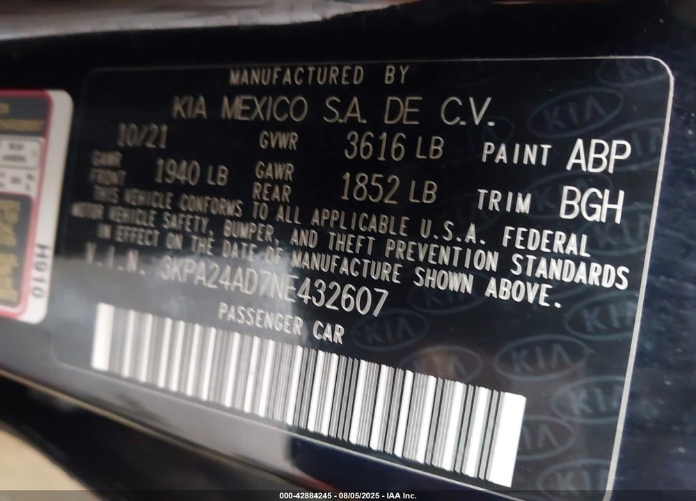 2022 KIA RIO S VIN: 3KPA24AD7NE432607