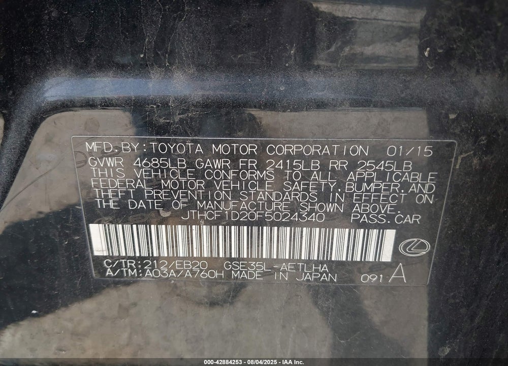 2015 LEXUS IS 250 VIN: JTHCF1D20F5024340