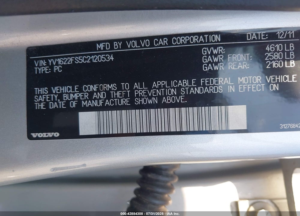 2012 VOLVO S60 VIN: YV1622FS5C2120534