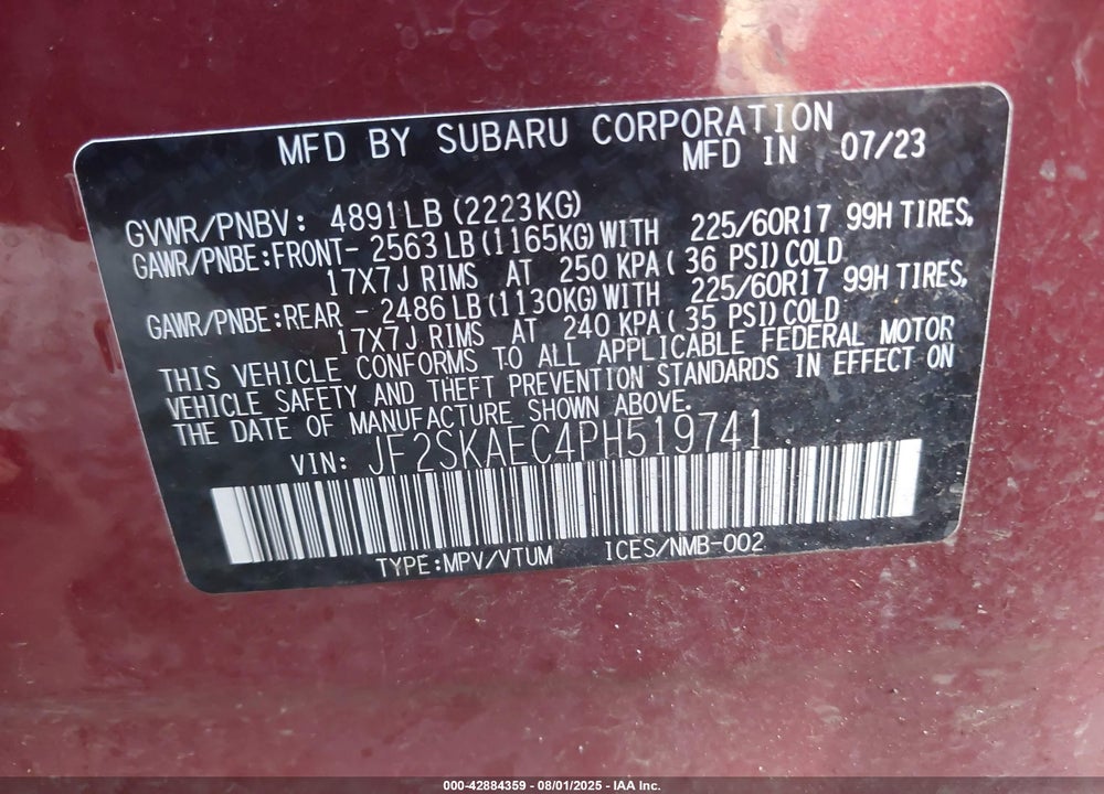 2023 SUBARU FORESTER PREMIUM VIN: JF2SKAEC4PH519741